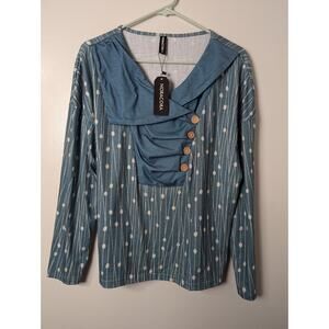 NWT NoraCora Size M Top Shirt Blouse Teal Wood Button Accent